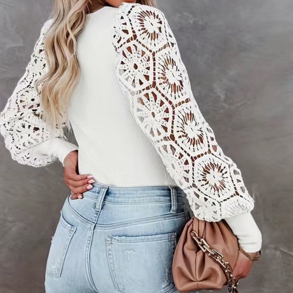 Solid Lace Crew Neck Long Sleeve Slim Top - Picture 2 of 2